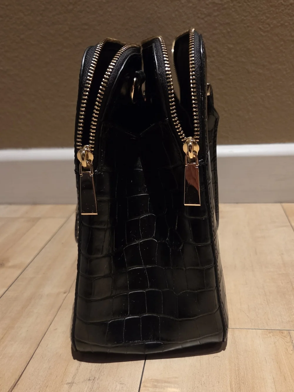Michael Kors Black Croc-Embossed Leather Satchel with Gold Hardware
